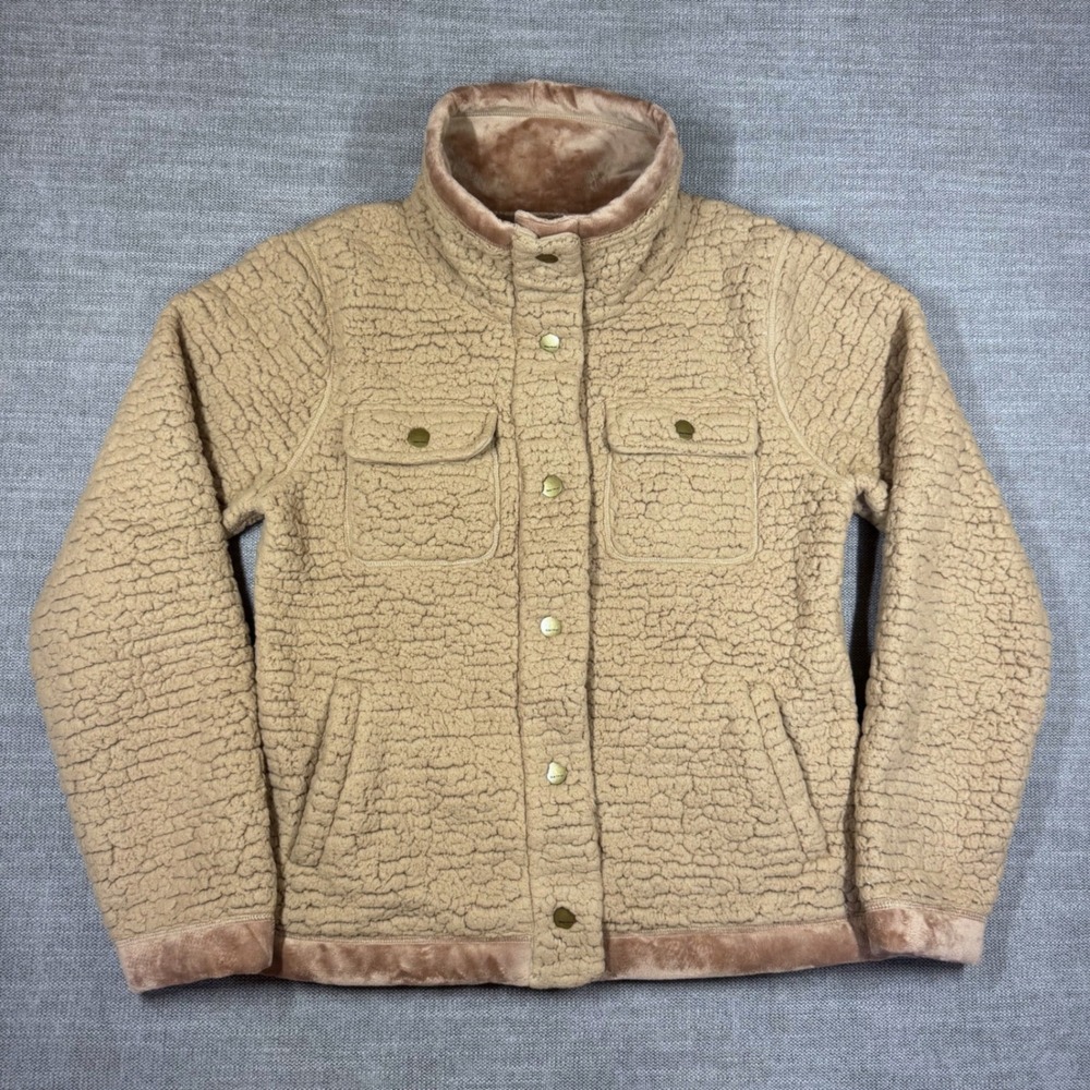 Marmot Womens Sherpa Fleece Jacket Tan Camel Faux Fur Lined Snap Front Size M